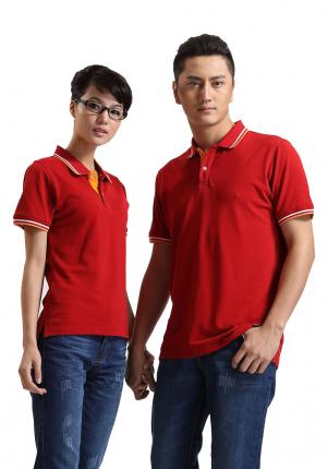 大紅色珠地純棉POLO衫，領袖間條撞色，門襟撞色男女款定制