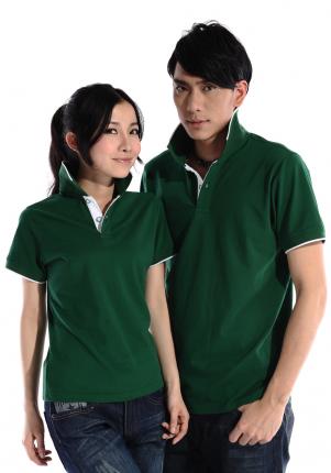 墨綠色珠地純棉，領(lǐng)袖白色間條撞色款式定制 1