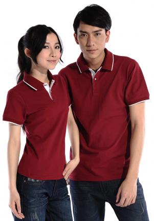 棗紅色珠地純棉POLO衫，領(lǐng)袖白色間條撞色，男女時(shí)尚款式 1