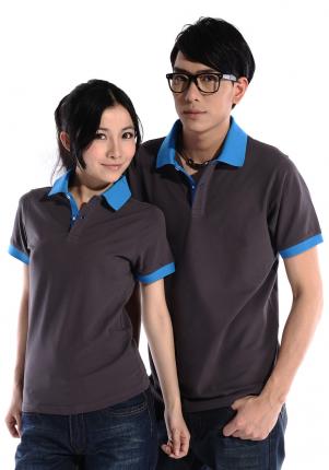深灰色珠地棉POLO衫，領(lǐng)袖撞藍(lán)色，男女時尚款定制1
